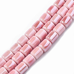 Pink Handmade Porcelain Beads Strands, Pearlized, Column, Pink, 6.5x5.5mm, Hole: 1.4mm, about 45pcs/strand, 11.81 inch(30cm)
