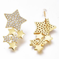 Golden Brass Micro Pave Clear Cubic Zirconia Star Stud Earrings, with Plastic Ear Nuts, Long-Lasting Plated, Golden, 30x16.5mm, Pin: 0.8mm