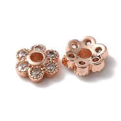 Rose Gold Rack Plating Brass Cubic Zirconia Bead Cap, Cadmium Free & Lead Free, Long-Lasting Plated, Flower, 6-Petal, Rose Gold, 6x5.5x2mm, Hole: 1.5mm