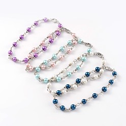 Mixed Color Glass Pearl Beads Anklets, with Brass Findings, Platinum, Mixed Color, 230mm