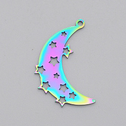 Rainbow Color Ion Plating(IP) 201 Stainless Steel Pendants, Laser Cut, Moon with Star, Rainbow Color, 26.5x20x1mm, Hole: 1.5mm