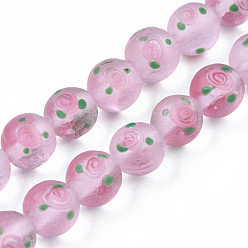 Pink Handmade Frosted Lampwork Beads Strands, Round with Flower, Pink, 11~12mm, Hole: 1.4mm, about 45pcs/strand, 19.69 inch(50cm)