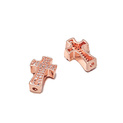 Or Rose Laiton micro pavé de perles de zircone cubique claires, croix, or rose, 14x9mm