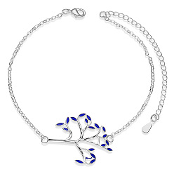 Dark Blue SHEGRACE Brass Link Anklets, with Epoxy Resin and Cable Chains, Tree, Platinum, Dark Blue, 8-1/4 inch(21cm)