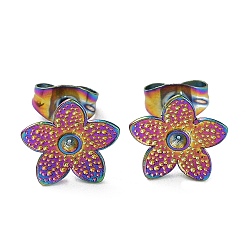 Rainbow Color Ионное покрытие (ip) 304 детали серьги-гвоздики из нержавеющей стали, настройки серьги для горного хрусталя, цветок, Радуга цветов, 9.5x10 мм, штифты : 0.7 мм, пригодный для стразов 1.5 мм
