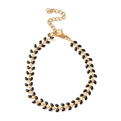 Black Enamel Ear of Wheat Link Chains Bracelet, Vacuum Plating 304 Stainless Steel Jewelry for Women, Black, 6-7/8 inch(17.6cm)