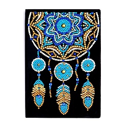Feather DIY Diamond Painting Notebook Kits, including PU Leather Book, Resin Rhinestones, Diamond Sticky Pen, Tray Plate and Glue Clay, Woven Net/Web with Feather, 210x150mm, 50 pages/book