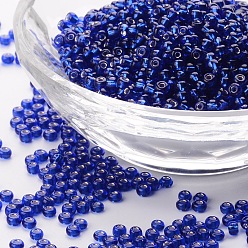 Azul 12/0 perlas de cristal de la semilla, plata forrada agujero redondo, rondo, azul, 12/0, 2 mm, agujero: 1 mm, Sobre 3333 unidades / 50 g, 50 g / bolsa, 18bolsas/2libras