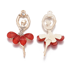 Red Alloy Big Pendants, with Resin & Crystal Rhinestone, Faceted, Ballerina, Golden, Red, 59~60x30~31x4.5mm, Hole: 2.5mm