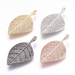 Mixed Color Brass Micro Pave Cubic Zirconia Pendants, Leaf, Mixed Color, 41.5x23x5mm, Hole: 2x4mm
