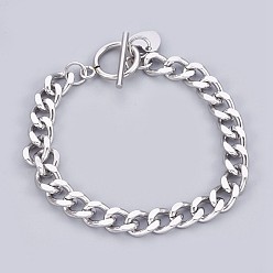 Stainless Steel Color 304 Stainless Steel Curb Chain Bracelets, with Toggle Clasps and Heart Shape Charm, Stainless Steel Color, 7-1/2 inch(19cm), 7.5mm