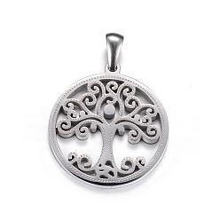 Stainless Steel Color 304 Stainless Steel Pendants, Flat Round with Tree of Life, Stainless Steel Color, 27.5x25x2mm, Hole: 7x3mm