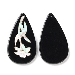 Teardrop Opaque Flower Pattern Acrylic Pendants, with Shell, Black, Teardrop, 35.5x18.5x2.7mm, Hole: 1.6mm