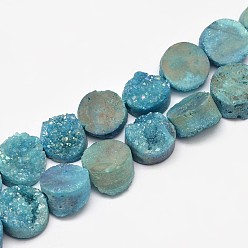 Sky Blue Flat Round Electroplated Natural Druzy Quartz Crystal Beads Strands, AB Color, Dyed, Sky Blue, 10.5x6~8mm, Hole: 1mm, about 20pcs/strand, 8 inch