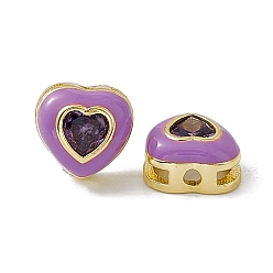 Dark Orchid Rack Plating Brass Cubic Zirconia Beads, with Enamel, Real 18K Gold Plated, Long-Lasting Plated, Cadmium Free & Nickel Free & Lead Free, Heart, Dark Orchid, 8x8.5x4.5mm, Hole: 1.4mm & 5x1.2mm
