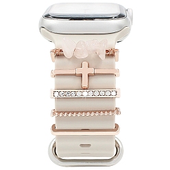 Oro Rosa Conjunto de dijes de banda de reloj de diamantes de imitación de aleación cruzada, banda de reloj bucles de anillo decorativos, con virutas de cuarzo rosa natural, oro rosa, diámetro interior: 2.2x0.35 cm, 5 PC / sistema.