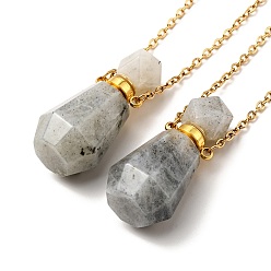 Labradorite Openable Faceted Natural Labradorite Perfume Bottle Pendant Necklaces for Women, 304 Stainless Steel Cable Chain Necklaces, Golden, 18.74 inch(47.6cm)