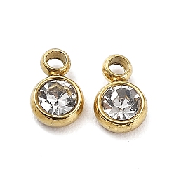 Real 18K Gold Plated Ion Plating(IP) 304 Stainless Steel Charms, with Glass, Flat Round Charm, Real 18K Gold Plated, 6x3.5x2mm, Hole: 1mm