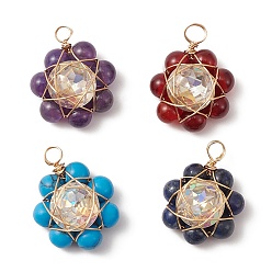 Mixed Stone Natural & Synthetic Mixed Gemstone Flower Pendants, Golden Plated Copper Wire Wrapped Glass Charms, Mixed Dyed and Undyed, 17.5~18x13.5~14.5x6~6.5mm, Hole: 2~2.8mm