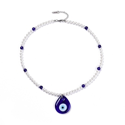 Blue Lampwork Teardrop with Evil Eye Pendant Necklaces, with Glass Pearl and Glass Beads, Blue, 18.5 inch(47cm)
