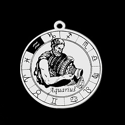 Aquarius 201 Stainless Steel Pendants, Laser Engraved Pattern, Flat Round with Constellation, Aquarius, 33x30x1mm, Hole: 2mm