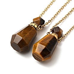 Tiger Eye Openable Faceted Natural Tiger Eye Perfume Bottle Pendant Necklaces for Women, 304 Stainless Steel Cable Chain Necklaces, Golden, 18.74 inch(47.6cm)