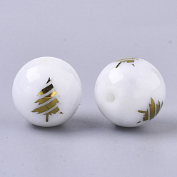 Plaqué Or Perles de verre opaque de Noël, rond avec motif d'arbre de Noël galvanoplastie, plaqué or, 10mm, Trou: 1.2mm