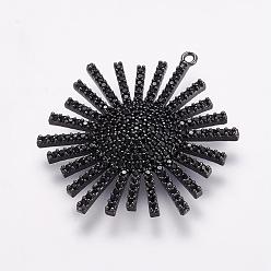 Черный Цвет Металла Латунные микро проложить кубического циркония подвески, цветок, металлический черный , 34x29x4 мм, отверстие : 1 мм