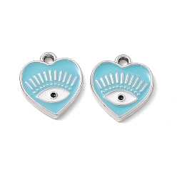 Sky Blue Alloy Enamel Pendants, Platinum, Heart with Eye Charm, Sky Blue, 14.5x13x1.5mm, Hole: 1.6mm