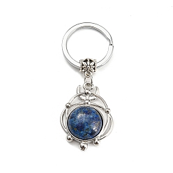 Lapis Lazuli Porte-clés pendentif lapis-lazuli naturel, plat rond, avec les accessoires en laiton, argent antique et platine, 65~66mm