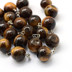 Tiger Eye Round Natural Tiger Eye Pendants, with Platinum Tone Brass Findings, 17~19x13~14mm, Hole: 2x7mm