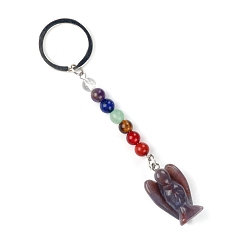 Indian Agate Natural Indian Agate Angel Pendant Keychain, Chakra Reiki Energy Stone Beaded Keychain for Bag Jewelry Gift Decoration, 11cm