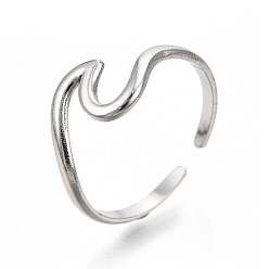 Stainless Steel Color 304 Stainless Steel Sea Wave Cuff Rings, Open Rings for Women Girls, Stainless Steel Color, US Size 7(17.9mm)