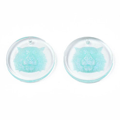 Pale Turquoise Transparent Resin Pendants, with Glitter Powder, Flat Round with Tiger Head, Pale Turquoise, 24.5x3.5mm, Hole: 1.4mm