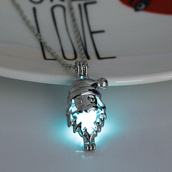 Cyan Collier pendentif cage du père noël en alliage avec perles en plastique lumineuses, bijoux de noël brillants dans le noir pour femmes, cyan, 17.72 pouce (45 cm)