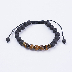 Tiger Eye Adjustable Nylon Cord Braided Bead Bracelets, with Lava Rock, Tiger Eye Beads & Alloy Findings, 2-1/8 inch(54mm)