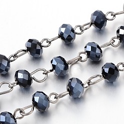 Noir Chaînes de perles de verre à la main pour colliers bracelets faisant, avec épingle à oeil en laiton de ton bronze, non soudée, noir, 39.3 pouce, Environ 92 pcs/chapelet