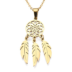 Golden 201 Stainless Steel Pendants Necklaces, with Cable Chains and Lobster Claw Clasps, Woven Net/Web with Feather, Golden, 17.71 inch(45cm), 1.5mm
