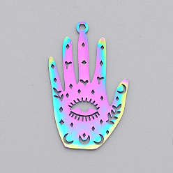 Rainbow Color 201 Stainless Steel Pendants, Laser Cut, Palm with Eye, Rainbow Color, 30x18x1mm, Hole: 1.6mm