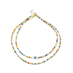 Coloré Collier double couche en perles de verre et œil de cheval en coquillage naturel pour femme, colorées, 15.75 pouce (40 cm)