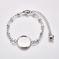 Stainless Steel Color 304 Stainless Steel Bracelet Making, with Lobster Claw Clasps, Star Link Chains and Flat Round Cabochon Settings, Stainless Steel Color, Tray: 16mm, 6-1/8 inch(15.5cm)