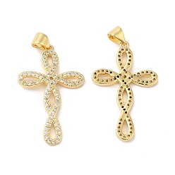 Real 16K Gold Plated Brass Micro Pave Clear Cubic Zirconia Pendants, Cross Charms, Real 16K Gold Plated, 32x19.5x2mm, Hole: 4.5x3.5mm
