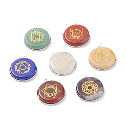 Stainless Steel Color Natural & Synthetic Mixed Stone Pendants, with 304 Stainless Steel Findings, Flat Round with Chakra Pattern, Mixed Dyed and Undyed, Stainless Steel Color, 30x26.5x6mm, Hole: 2mm, 7pcs/set