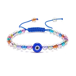 Blue Acrylic Evil Eye & Round Lampwork Braided Bead Bracelet for Women, Blue, Inner Diameter: 2~3-3/4 inch(5.2~9.5cm)