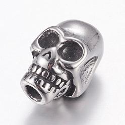 Antique Silver 304 Stainless Steel Beads, Skull, Antique Silver, 16x10x12mm, Hole: 3mm