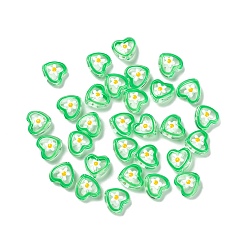 Lime Vert Des billes de verre transparentes, avec l'émail, coeur avec motif de fleurs, lime green, 12x12x6.5mm, Trou: 0.9mm