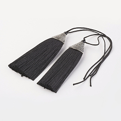 Noir Nylon pompon grandes décorations pendantes, avec du plastique ccb, argent antique, noir, 85x20x10.5mm