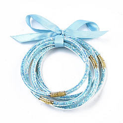 Deep Sky Blue PVC Plastic Buddhist Bangle Sets, Jelly Bangles, with Paillette/Sequins and Polyester Ribbon, Deep Sky Blue, 2-1/2 inch(6.5cm), 5pcs/set