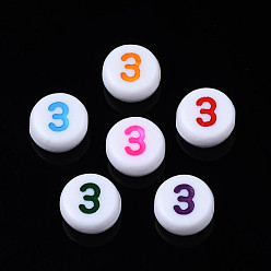 Number White Opaque Acrylic Beads, Flat Round with Mixed Color Number, Num.3, 7x3.5mm, Hole: 1.2mm, about 3800pcs/500g