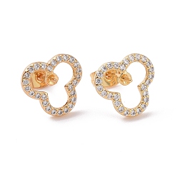 Golden Brass Micro Pave Clear Cubic Zirconia Stud Earring Findings, with Ear Nuts, for Half Drilled Beads, Clover, Cadmium Free & Lead Free, Golden, 12.5x12x3.7mm, Pin: 0.7mm and 0.8mm(for half drilled beads)